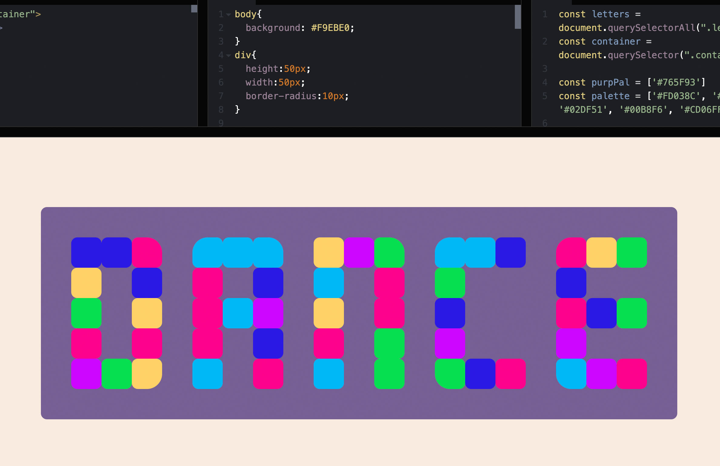 Screenshot of a codepen experiment that says dance with multicolor pixels
