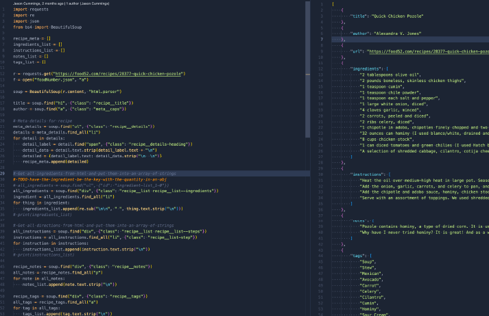 Screenshot of code, a python file and the json file it created