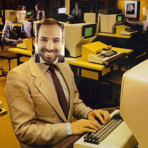 portrait of a man poorly photoshopped onto a photo of a weirdly old office in an alternate universe